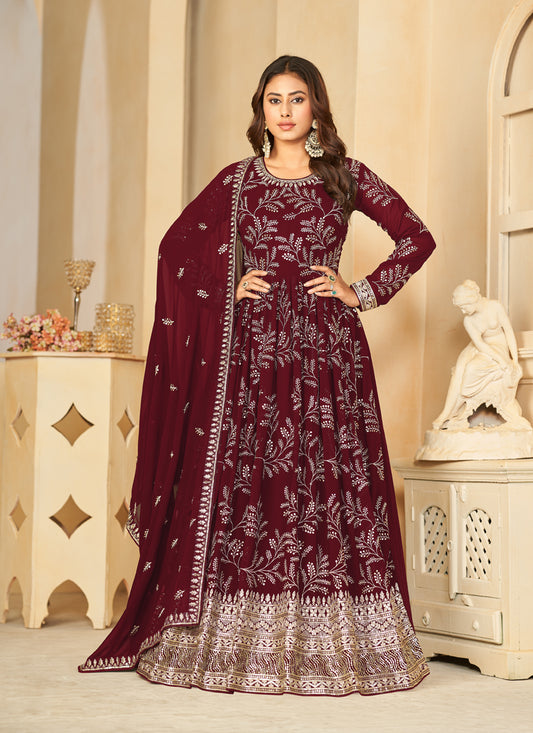 Maroon Faux Georgette Embroidered Anarkali Suit