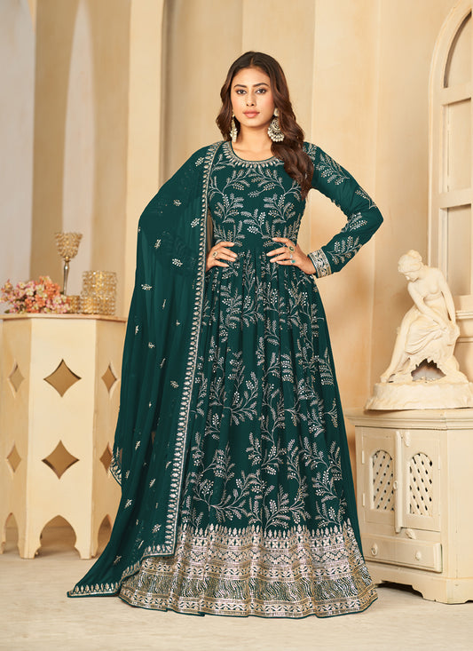 Peacock Green Faux Georgette Embroidered Anarkali Suit
