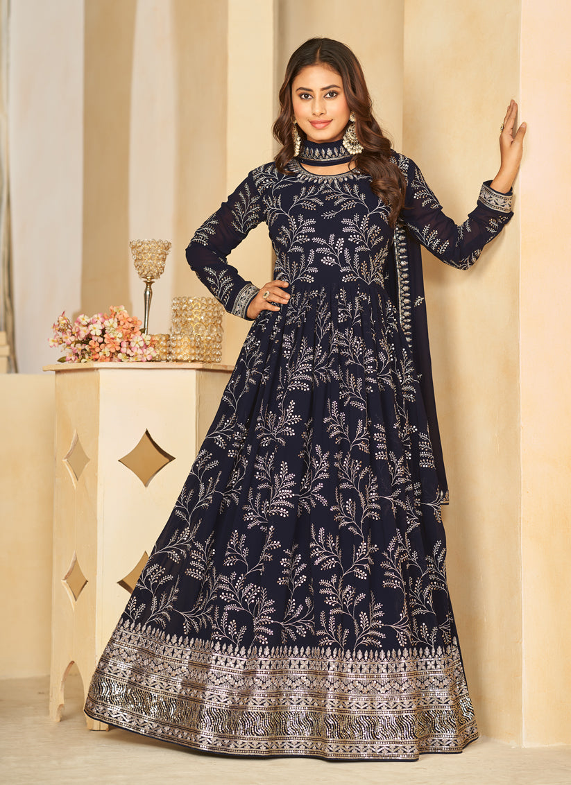 Midnight Blue Faux Georgette Embroidered Anarkali Suit