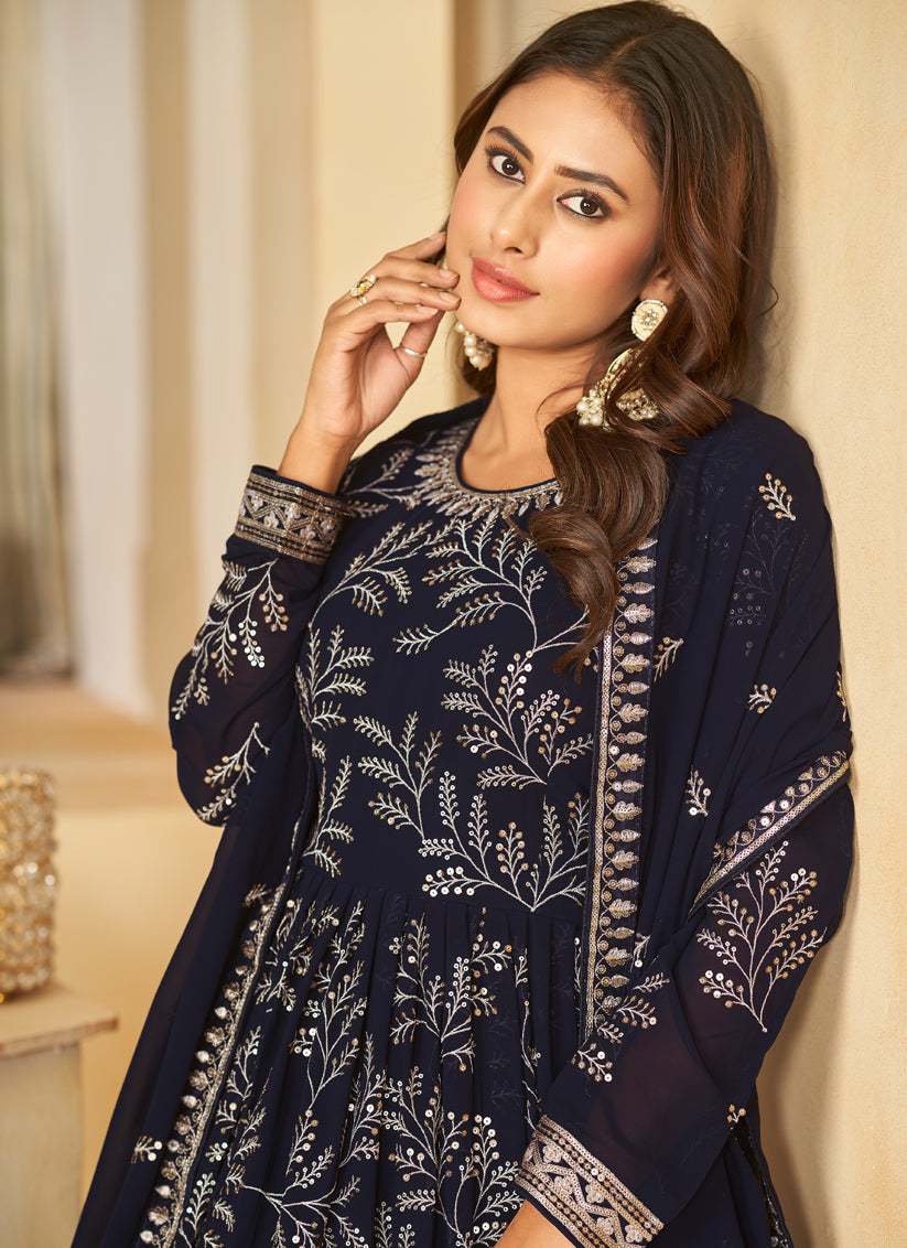 Midnight Blue Faux Georgette Embroidered Anarkali Suit