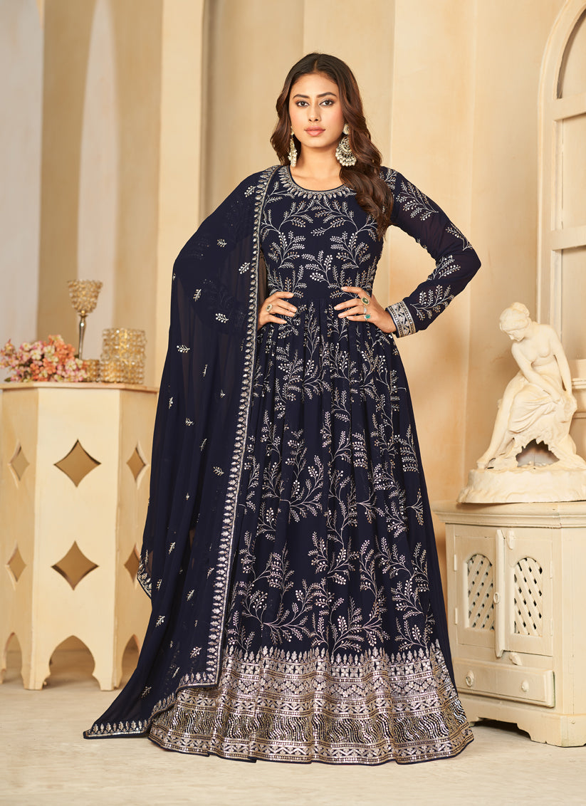 Midnight Blue Faux Georgette Embroidered Anarkali Suit