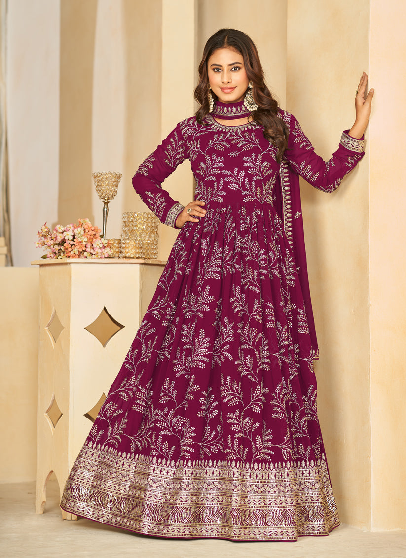 Magenta Faux Georgette Embroidered Anarkali Suit