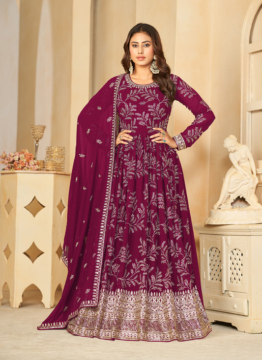 Magenta Faux Georgette Embroidered Anarkali Suit