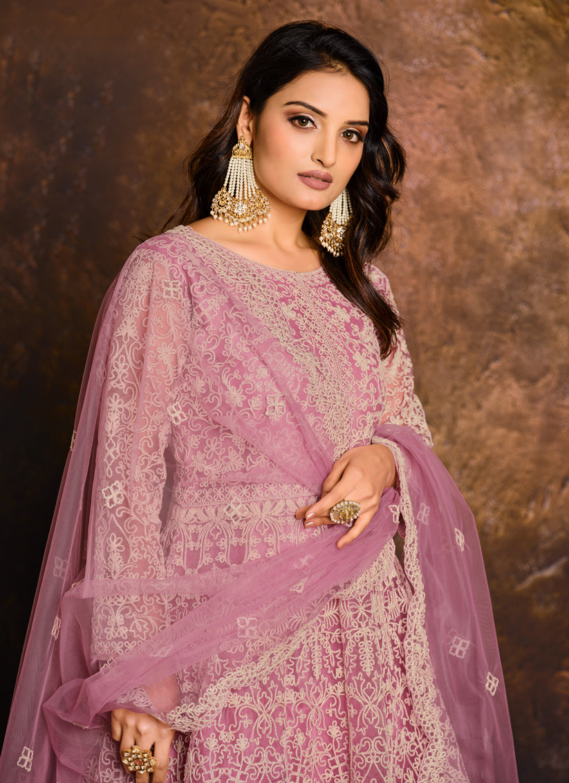 Carnation Pink Net Embroidered Designer Anarkali Suit