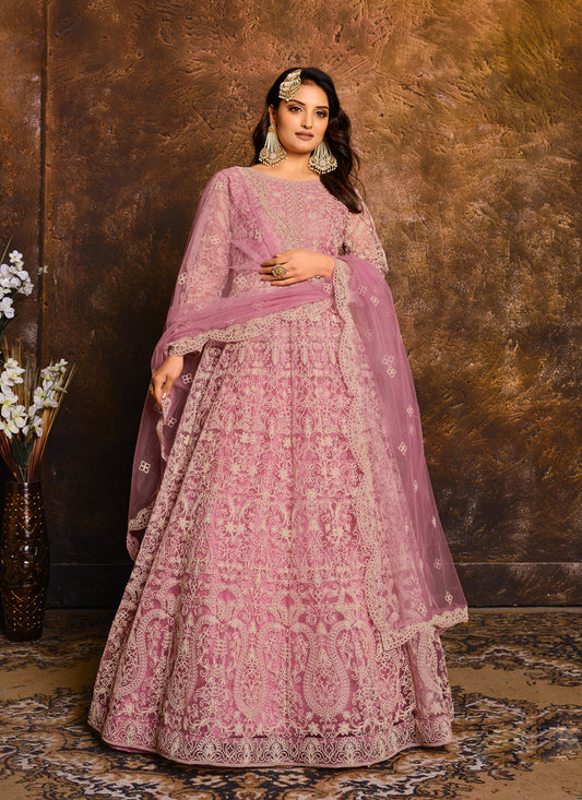 Carnation Pink Net Embroidered Designer Anarkali Suit