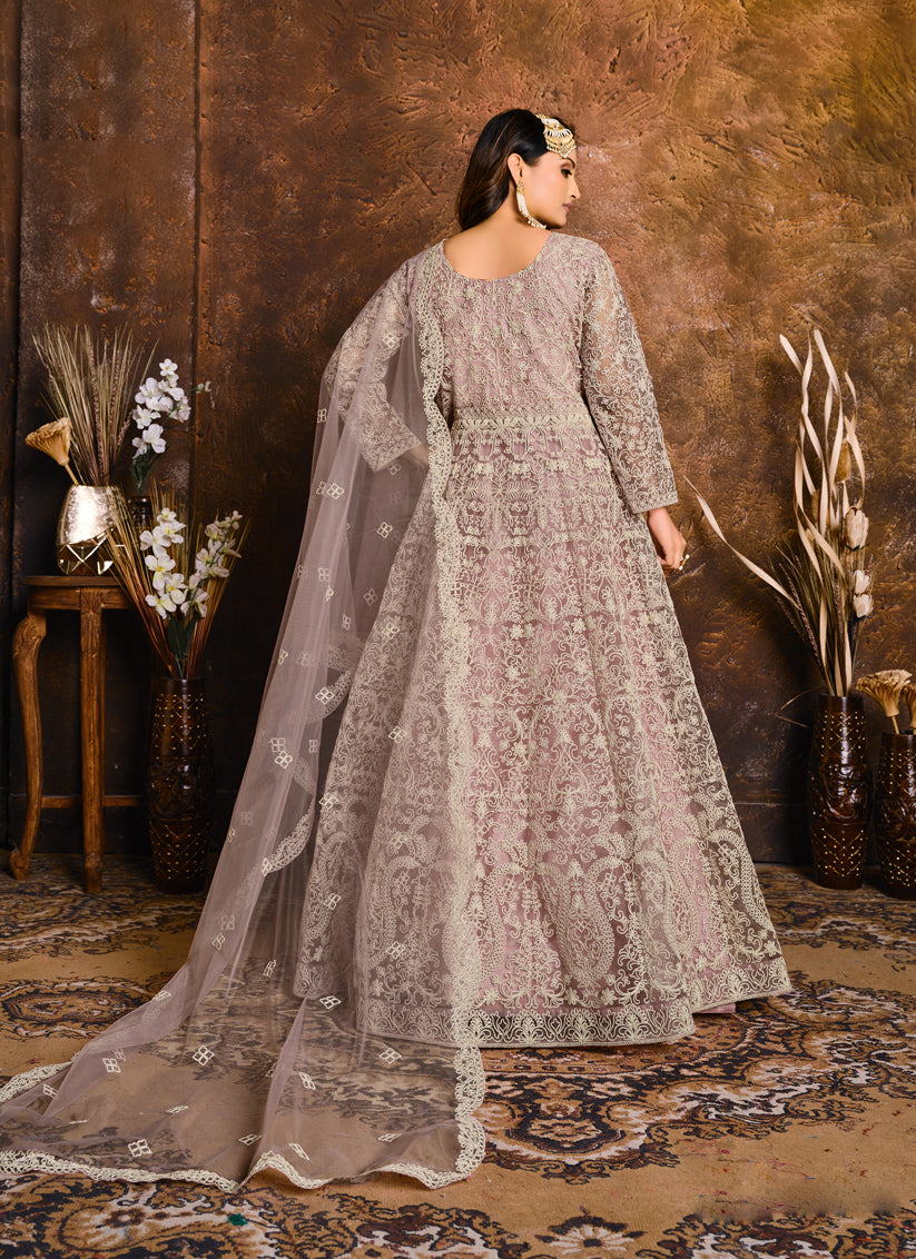 Lilac Net Embroidered Designer Anarkali Suit