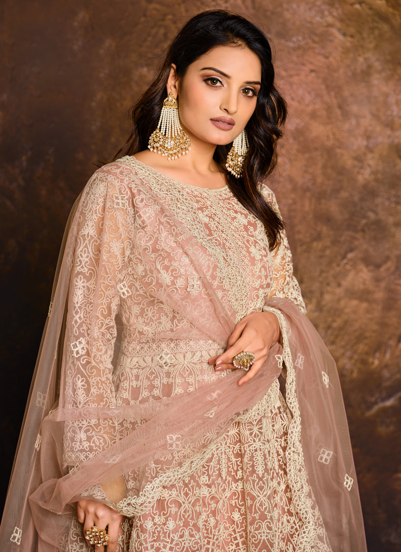 Blush Pink Net Embroidered Designer Anarkali Suit