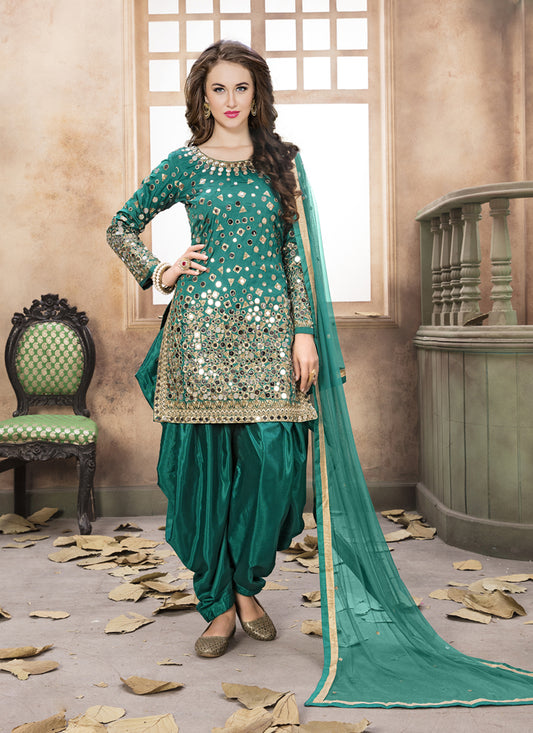 Rama Green Mirror Work Patiala Suit