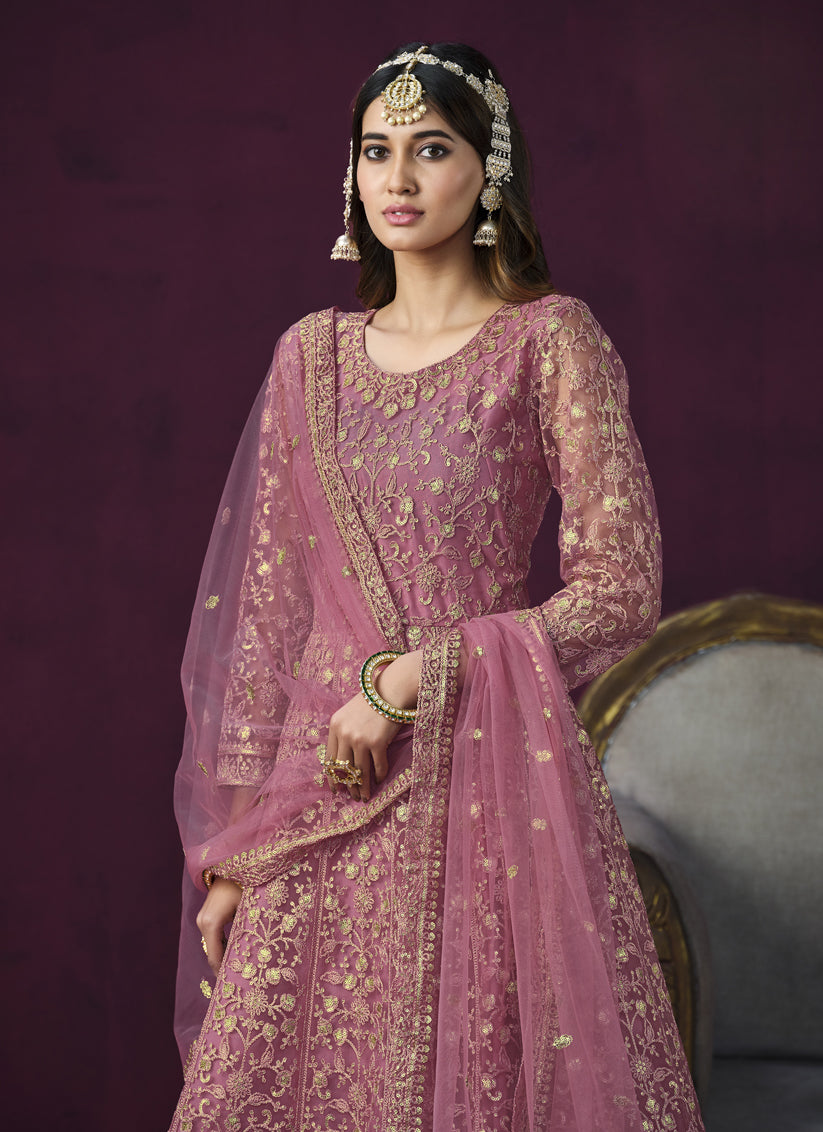 Rouge Pink Net Embroidered Designer Anarkali Suit for Wedding