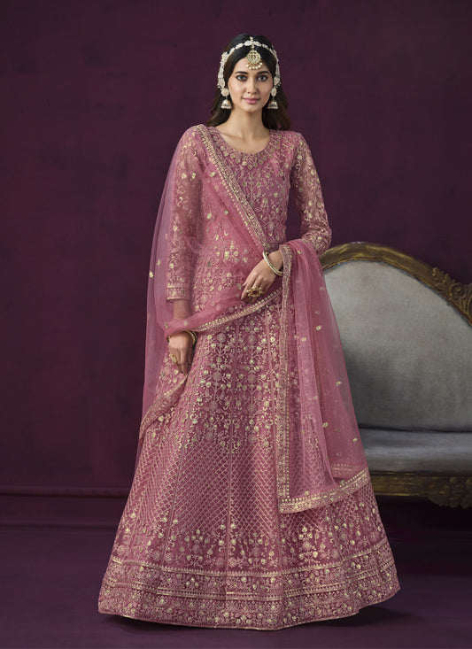 Rouge Pink Net Embroidered Designer Anarkali Suit for Wedding