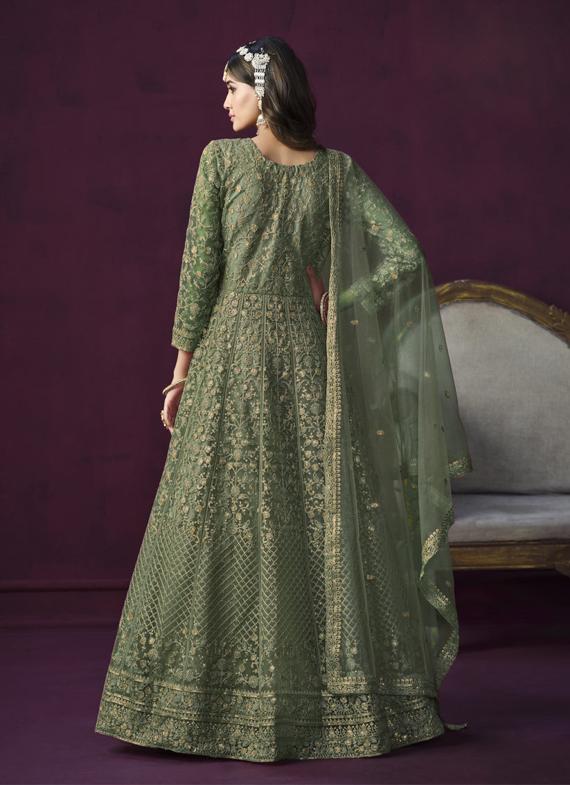 Sauf Green Net Embroidered Designer Anarkali Suit for Wedding