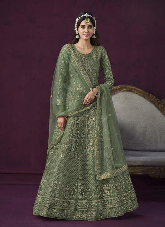 Sauf Green Net Embroidered Designer Anarkali Suit for Wedding