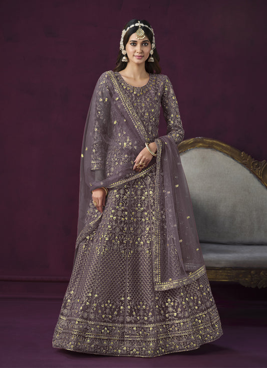 Mauve Net Embroidered Designer Anarkali Suit for Wedding