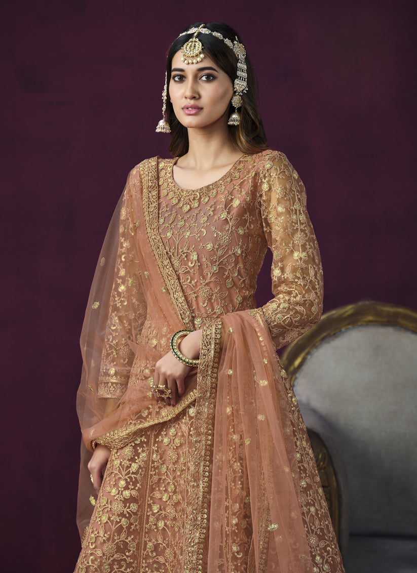 Peach Net Embroidered Designer Anarkali Suit for Wedding