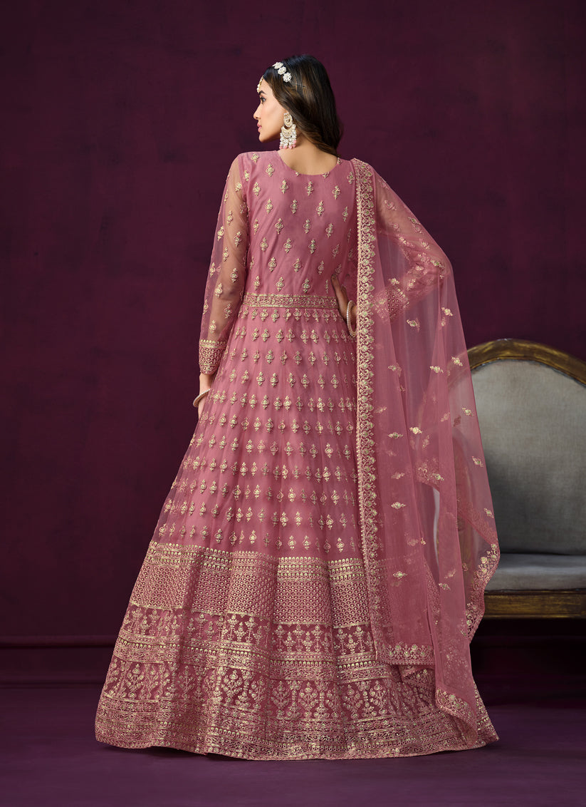 Old Rose Pink Net Embroidered Anarkali Dress