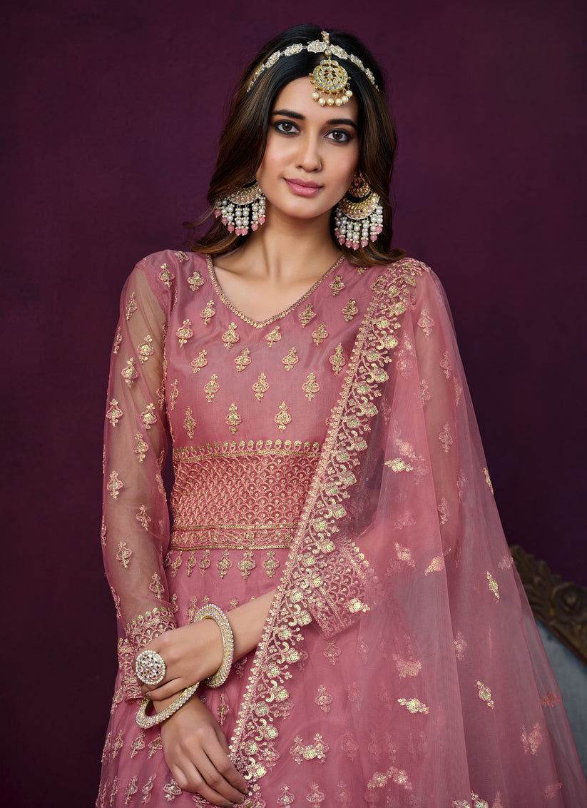 Old Rose Pink Net Embroidered Anarkali Dress
