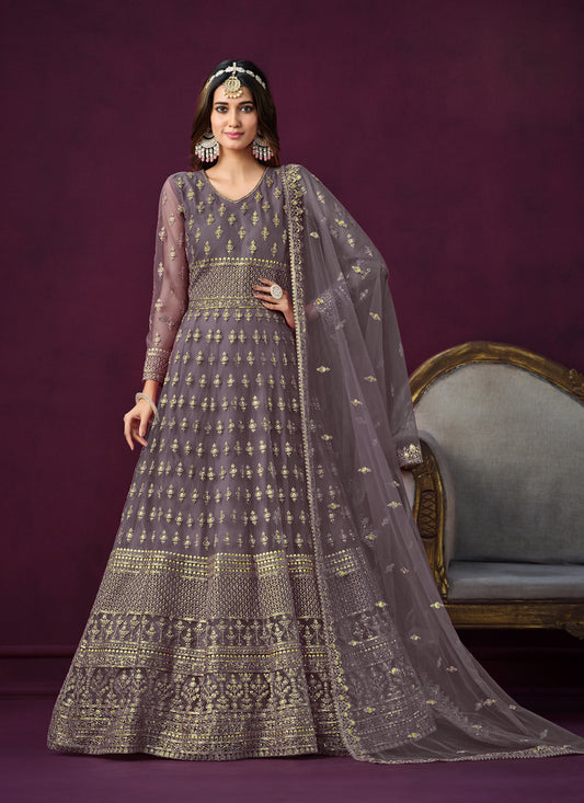 Mauve Net Embroidered Anarkali Dress