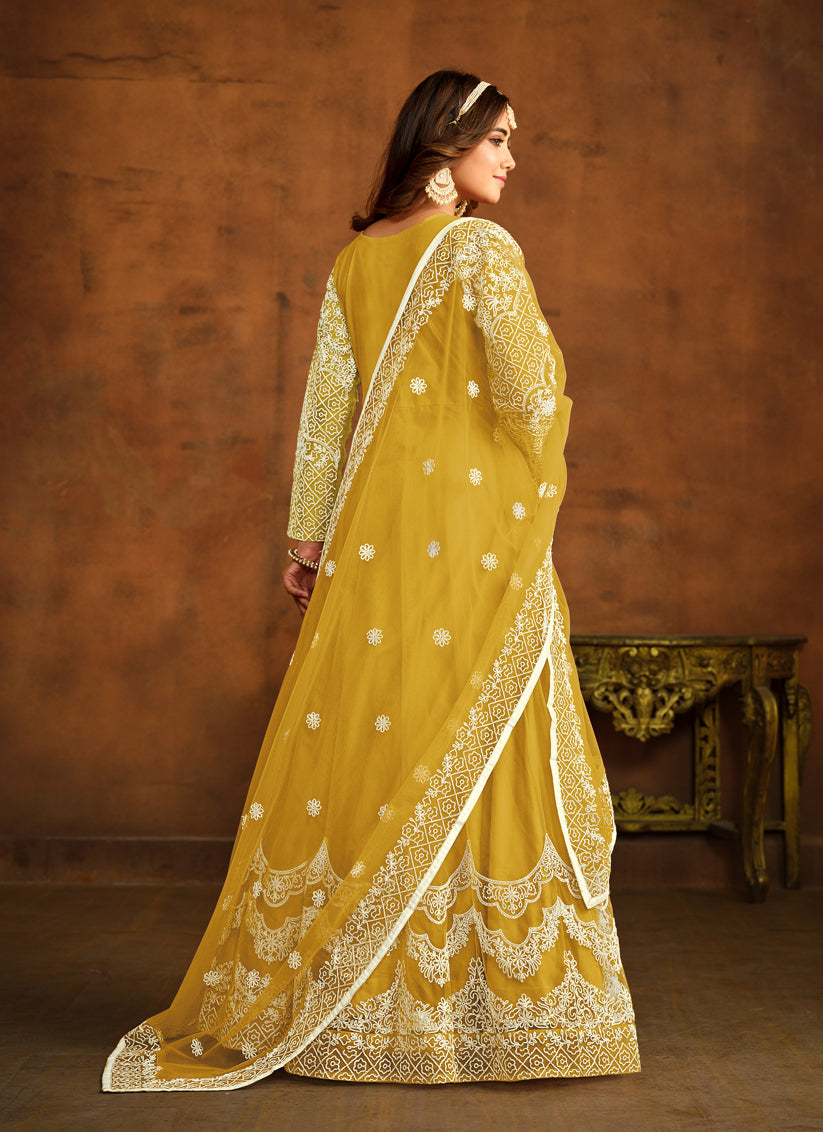Maize Yellow Net Embroidered Anarkali Dress