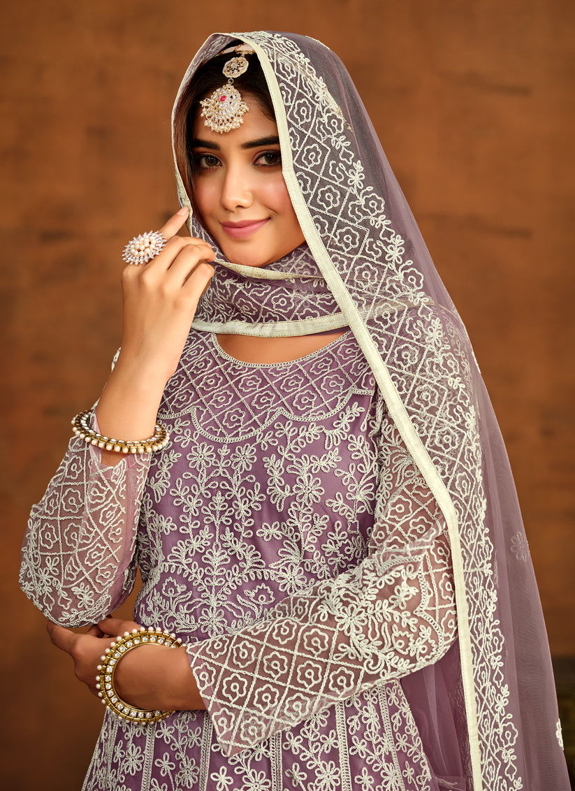 Mauve Net Embroidered Anarkali Dress