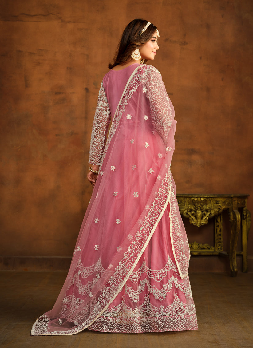 Carnation Pink Net Embroidered Anarkali Dress