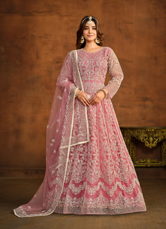 Carnation Pink Net Embroidered Anarkali Dress