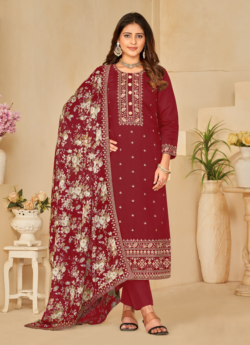 Maroon Silk Embroidered Pant Kameez