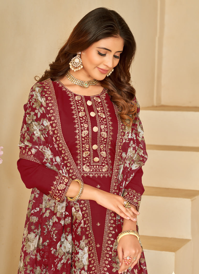 Maroon Silk Embroidered Pant Kameez