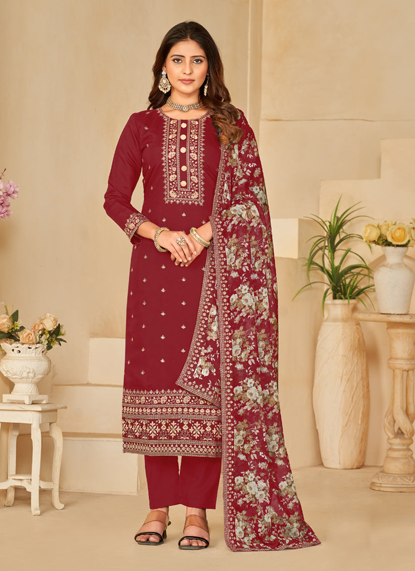 Maroon Silk Embroidered Pant Kameez