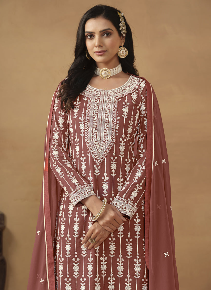 Rose Taupe Faux Georgette Embroidered Sarara Kameez