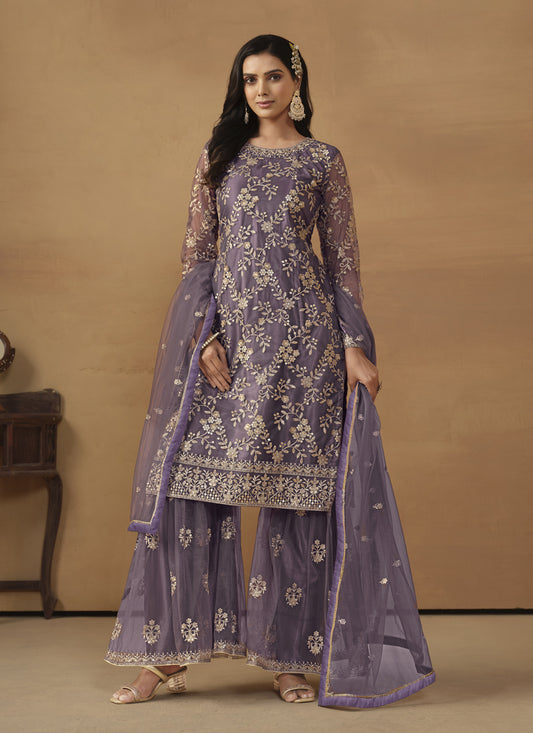 Dusty Purple Net Embroidered Sarara Kameez Suit