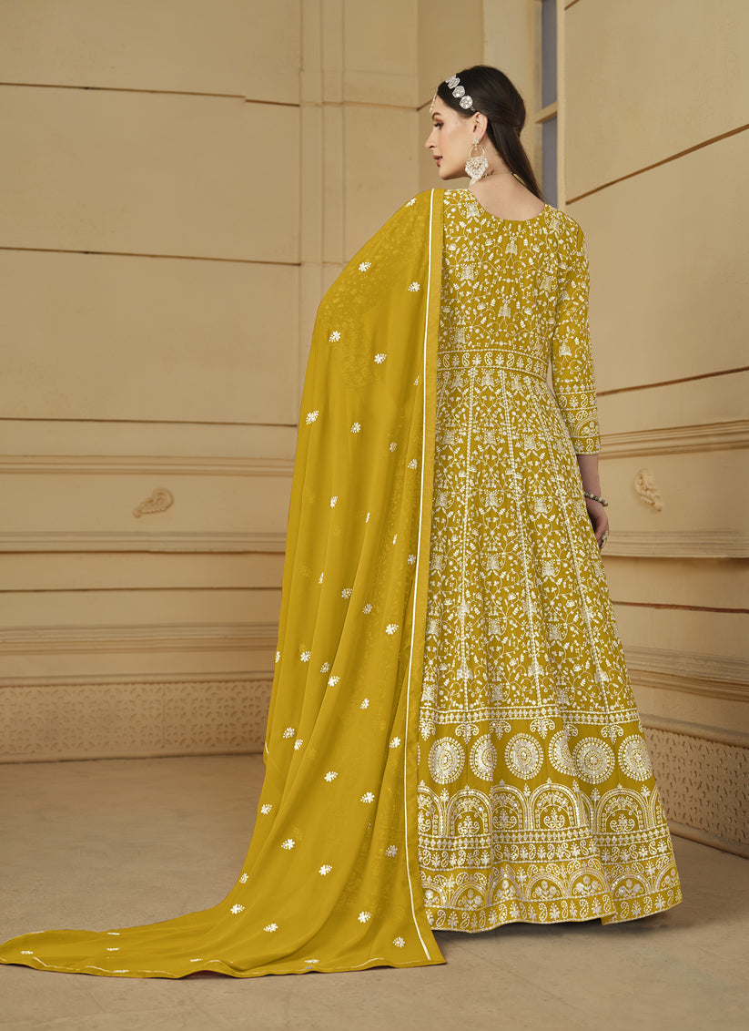 Mustard Faux Georgette Embroidered Anarkali Suit