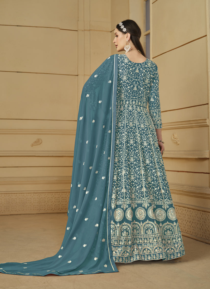 Firozi Blue Faux Georgette Embroidered Anarkali Suit