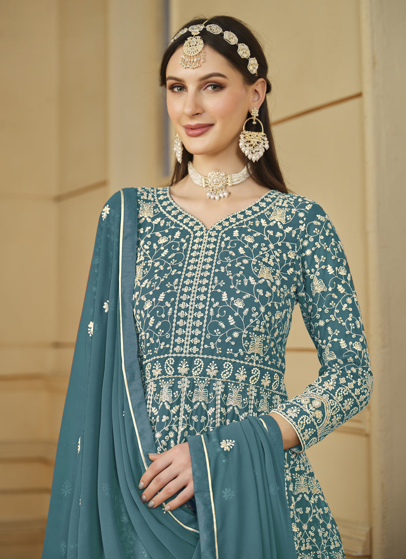 Firozi Blue Faux Georgette Embroidered Anarkali Suit