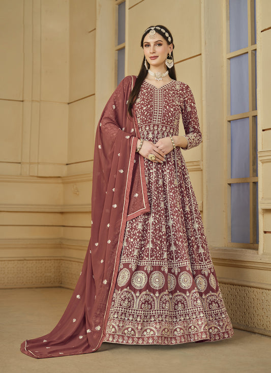 Rose Taupe Faux Georgette Embroidered Anarkali Suit