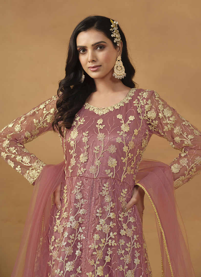 Coral Pink Net Embroidered Designer Pant Kameez