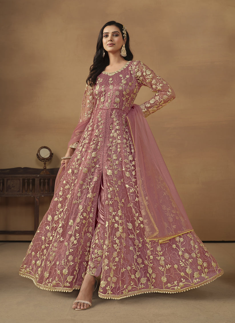 Coral Pink Net Embroidered Designer Pant Kameez