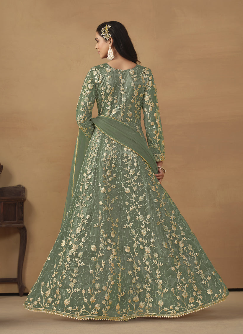 Sage Green Net Embroidered Designer Pant Kameez