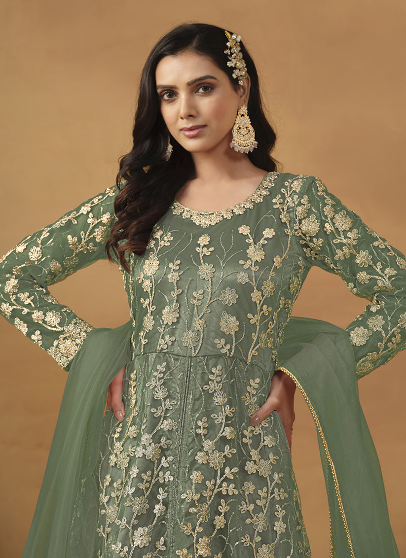 Sage Green Net Embroidered Designer Pant Kameez