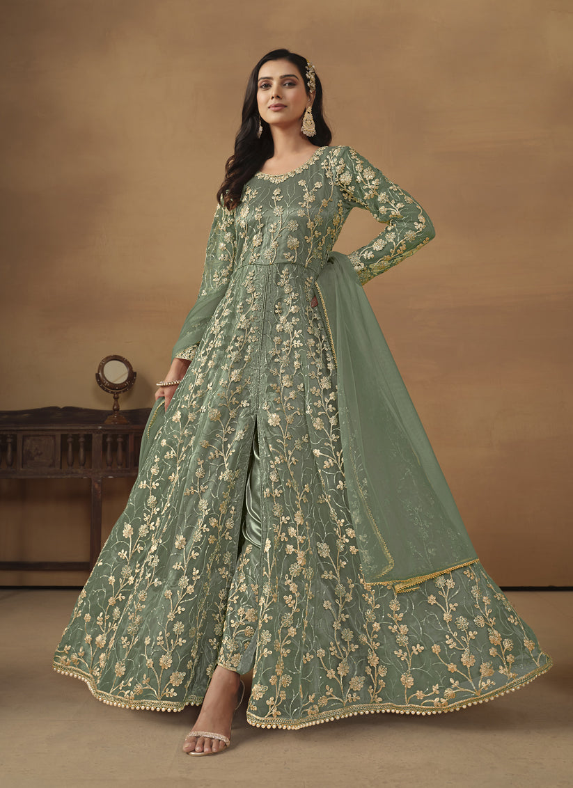 Sage Green Net Embroidered Designer Pant Kameez