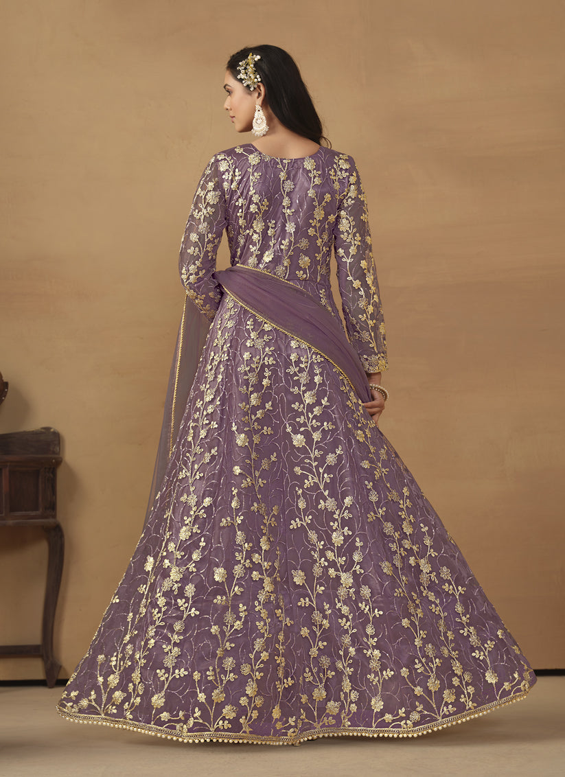 Mauve Net Embroidered Designer Pant Kameez