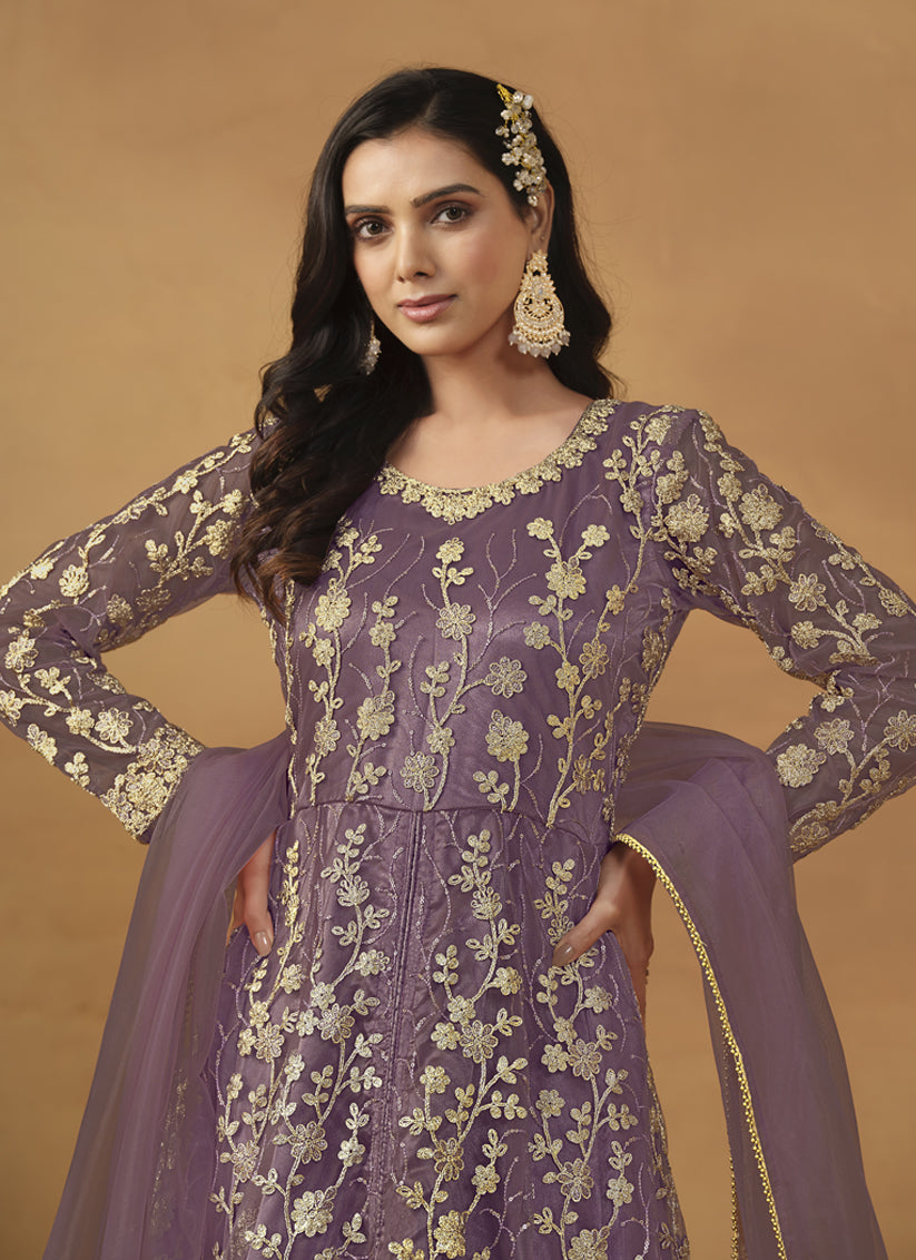 Mauve Net Embroidered Designer Pant Kameez