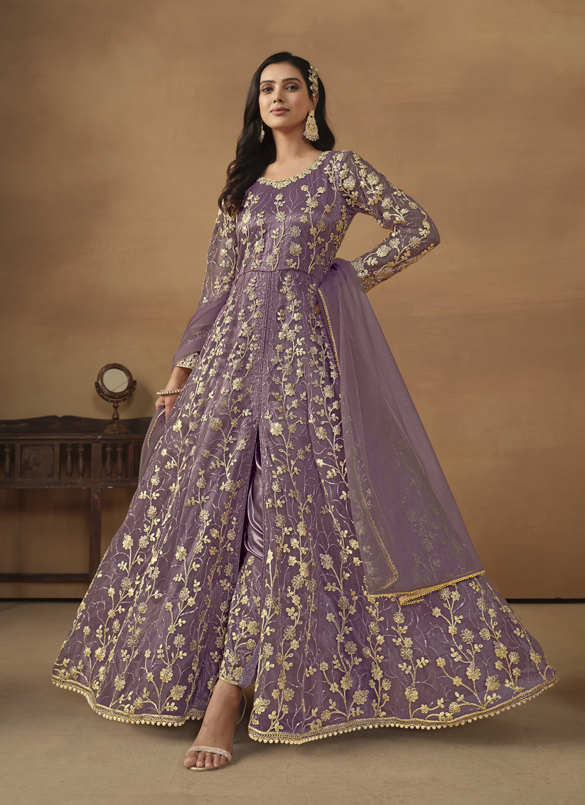 Mauve Net Embroidered Designer Pant Kameez