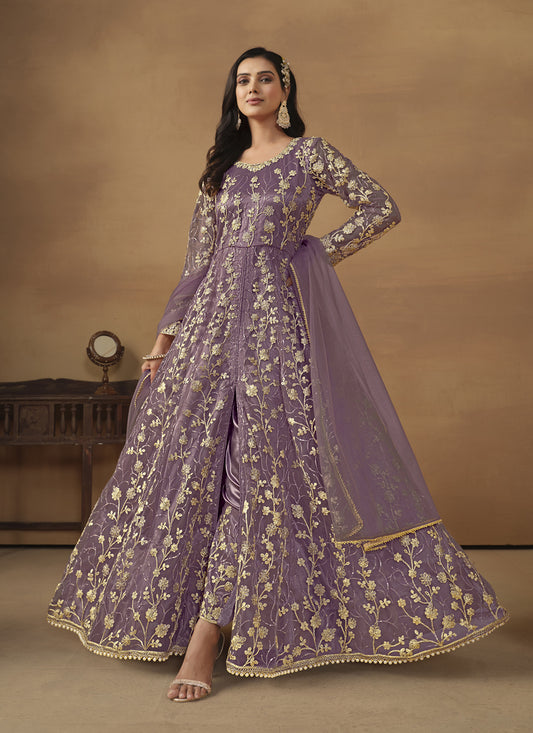 Mauve Net Embroidered Designer Pant Kameez