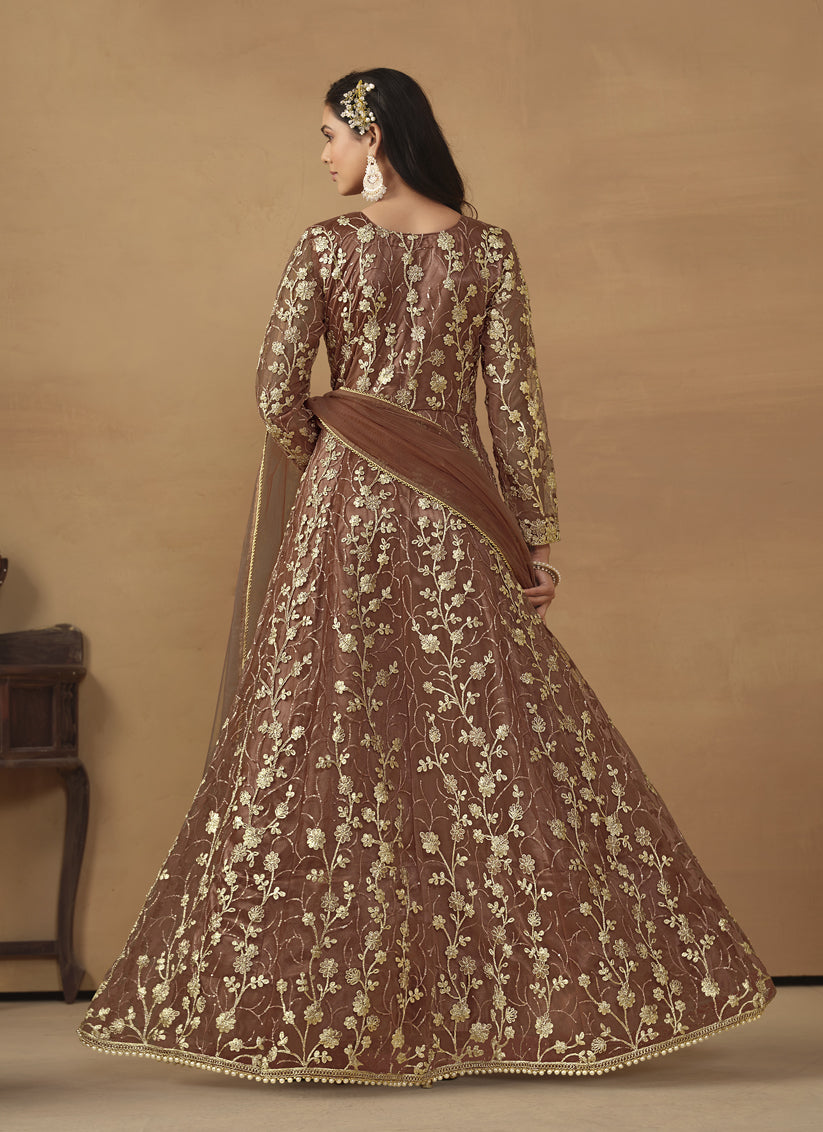 Snuff Brown Net Embroidered Designer Pant Kameez