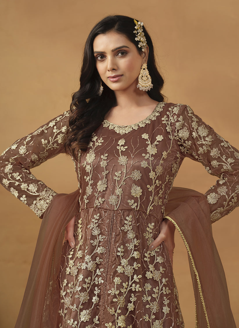 Snuff Brown Net Embroidered Designer Pant Kameez