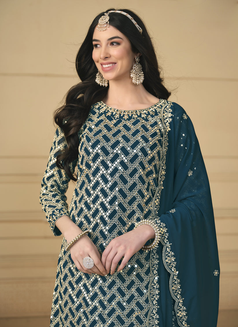 Peacock Blue Faux Georgette Embroidered Sarara Kameez