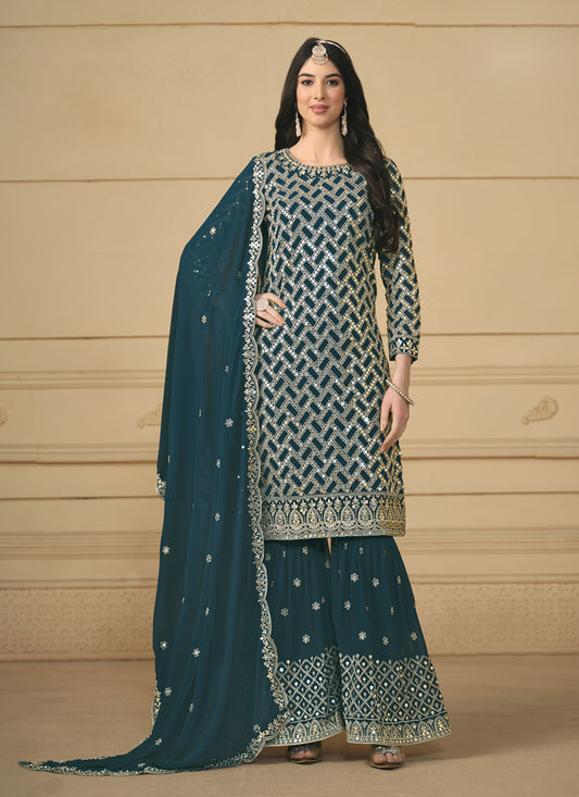 Peacock Blue Faux Georgette Embroidered Sarara Kameez