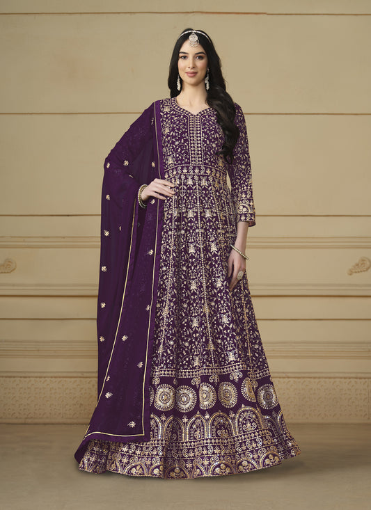 Wine Faux Georgette Embroidered Anarkali Suit