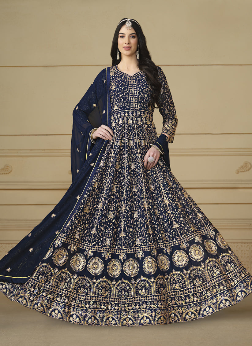 Navy Blue Faux Georgette Embroidered Anarkali Suit