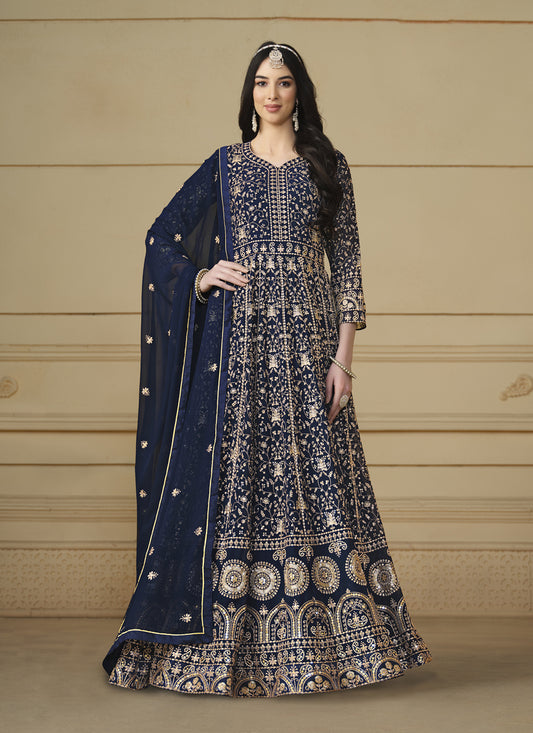 Navy Blue Faux Georgette Embroidered Anarkali Suit